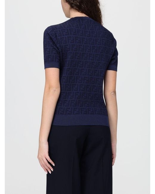 Fendi Blue Wool And Silk Crew-Neck Pullover With Monogram Motif