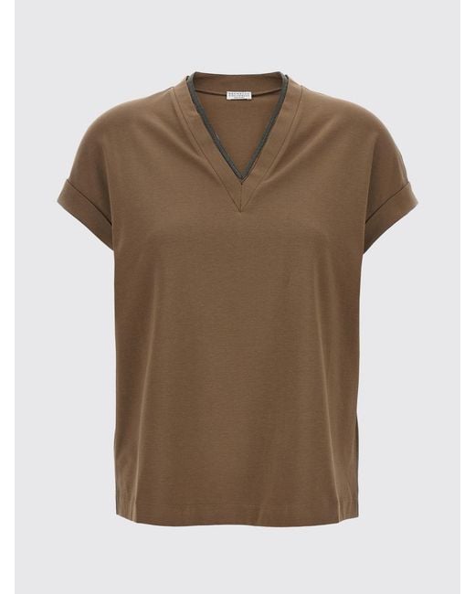 Brunello Cucinelli Brown Cotton V-Neck T-Shirt With Monili Embellishment