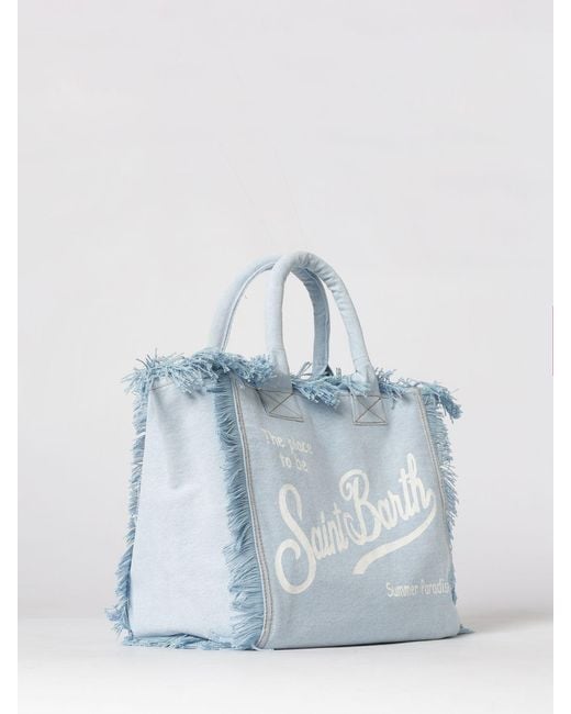 Mc2 Saint Barth Blue Vanity Cotton Denim Bag With Printed Logo
