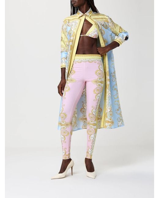 Versace Pink Stretch Fabric Leggings With Baroque Print