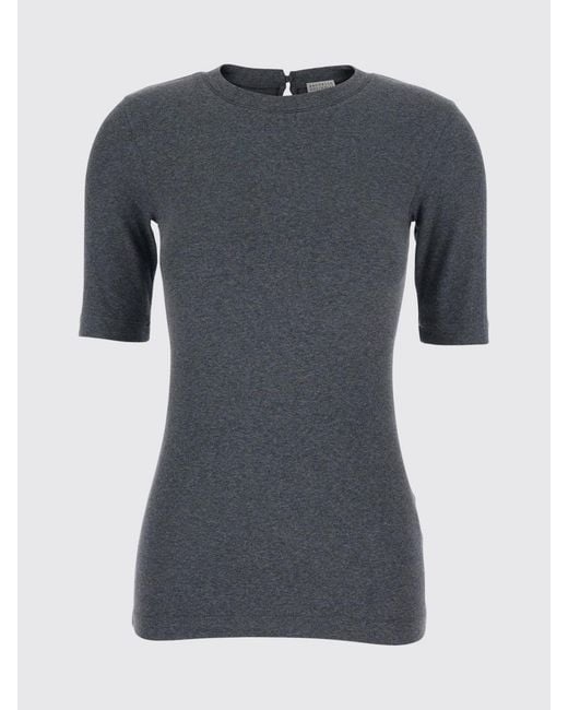 Brunello Cucinelli Gray Cotton T-Shirt With Nickel-Free Monile
