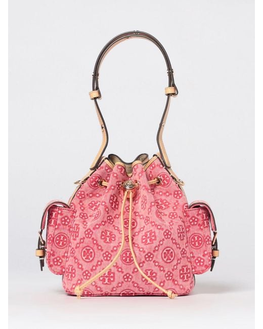 Tory Burch Pink T Monogram Jacquard Denim Mini Bucket Bag