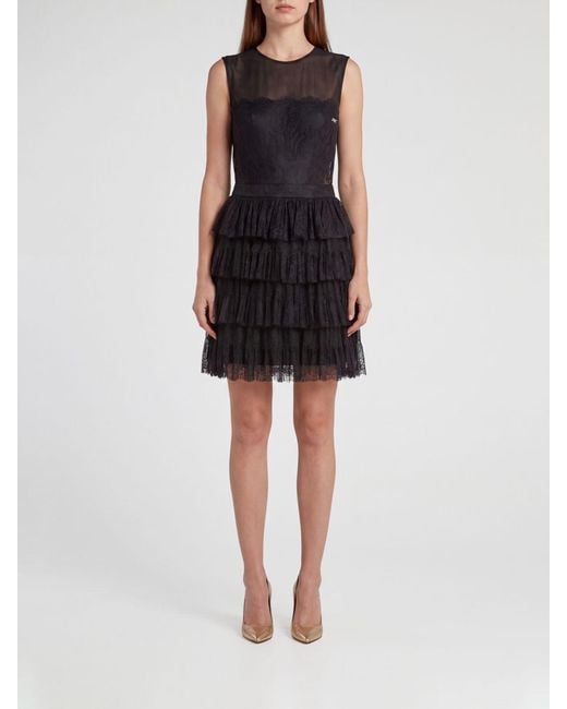 Elisabetta Franchi Black A-Line Off-The-Shoulder Lace And Tulle Mini Dress With Ruffles