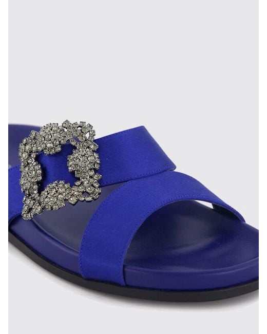 Manolo Blahnik Blue Chilanghi Flat Silk Slides With Jewelled Buckle Detail