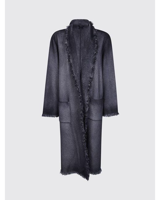 Avant Toi Blue Virgin Wool-Blend Coat With Shawl Collar And Fringed Hem