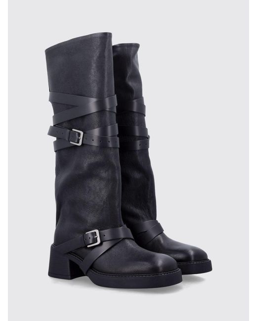 Miista Blue Knee-High Cowhide Biker Boots With Straps