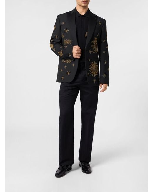 Philipp Plein Black Zodiaco Single-Breasted Wool Blazer With Crystal And Bead Embroidery for men
