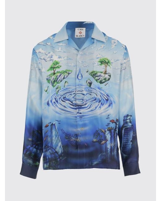 Casablanca Blue Silk Shirt With Monogram Print for men
