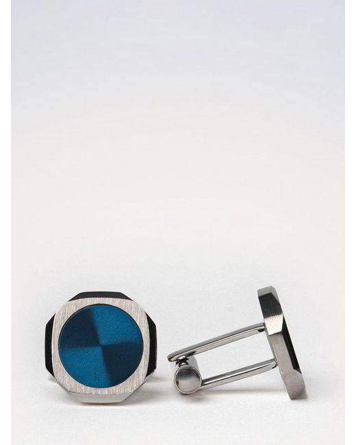 D1 Milano Blue Two-Tone Steel Cufflinks With Rounded Shape And Engraved Logo for men