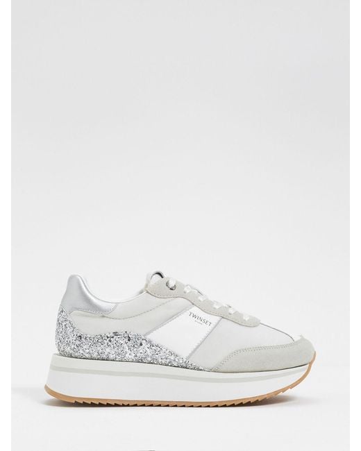 Twinset White Suede And Nylon Glitter Sneakers