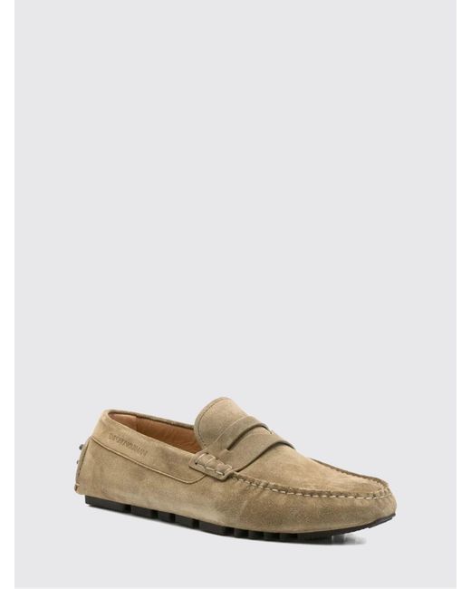 Emporio Armani Brown Suede Calfskin Driver Loafers With Embossed Logo for men