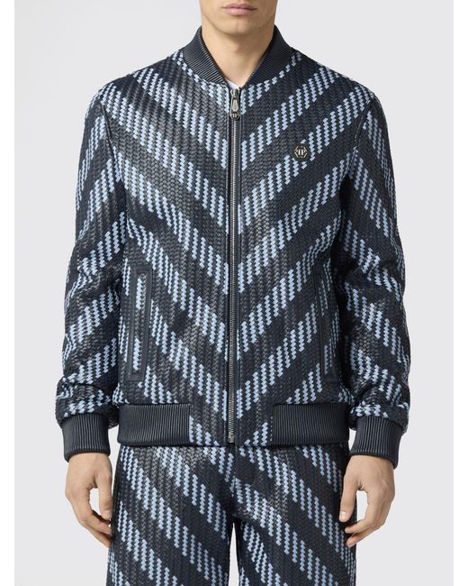 Philipp Plein Blue Chevron Woven Lambskin Leather Bomber Jacket for men