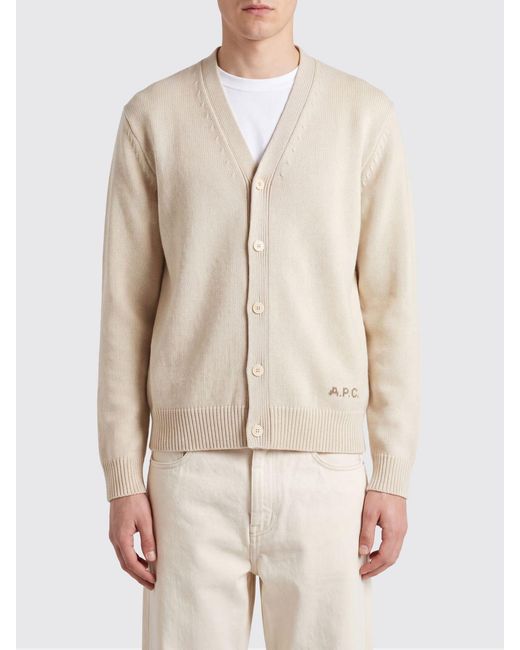 A.P.C. Natural V-Neck Pure Wool Cardigan With Contrast Logo for men