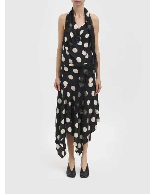 Junya Watanabe White Asymmetrical Polka-Dot Crêpe Midi Dress With Lace Inserts