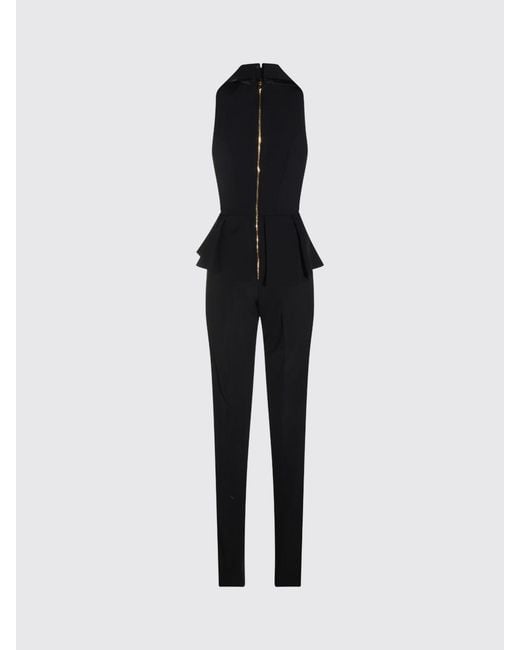 Elisabetta Franchi Black Slim Fit Long Jumpsuit With V-Neck And Ruffled Waist