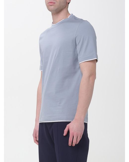 Brunello Cucinelli Blue Cotton Crew-Neck T-Shirt With Contrasts for men