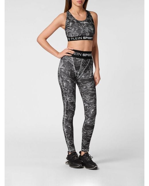 Philipp Plein Gray Cropped Tropical Print Jersey Sports Top With Criss-Cross Straps