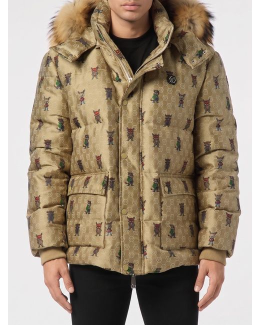 Philipp Plein Natural Jacquard Silk Blend Canvas Monogram Down Jacket for men