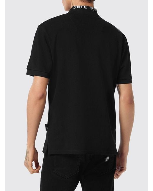 Philipp Plein Black Cotton Polo Shirt With Skull Print And Hexagon Logo for men