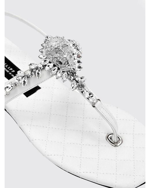 Philipp Plein White Leather Thong Sandals With Low Heel And Ankle Strap