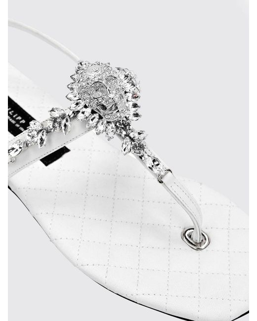 Philipp Plein White Leather Thong Sandals With Low Heel And Ankle Strap