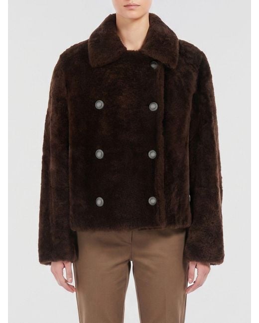 Brunello Cucinelli Black Double-Breasted Short Shearling Coat With Classic Collar