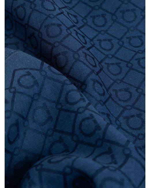 Ferragamo Blue Cotton Scarf With Gancini Logo And Fringed Hem for men