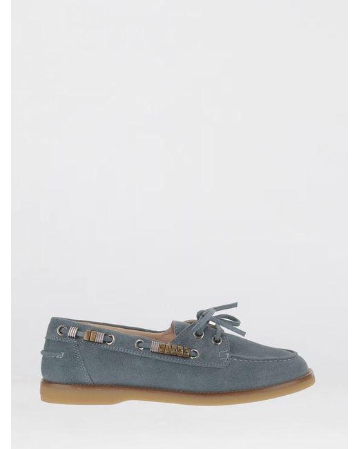 Pinko Blue Grace Suede Boat Loafers With Metallic Inserts