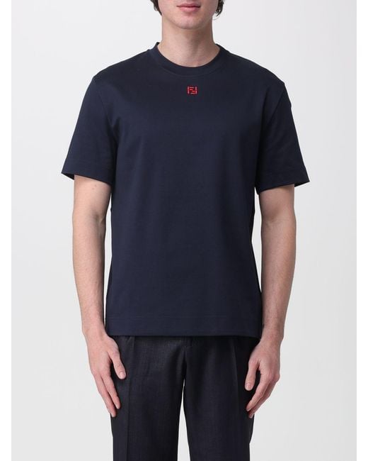 Fendi Blue Cotton T-Shirt With Logo for men