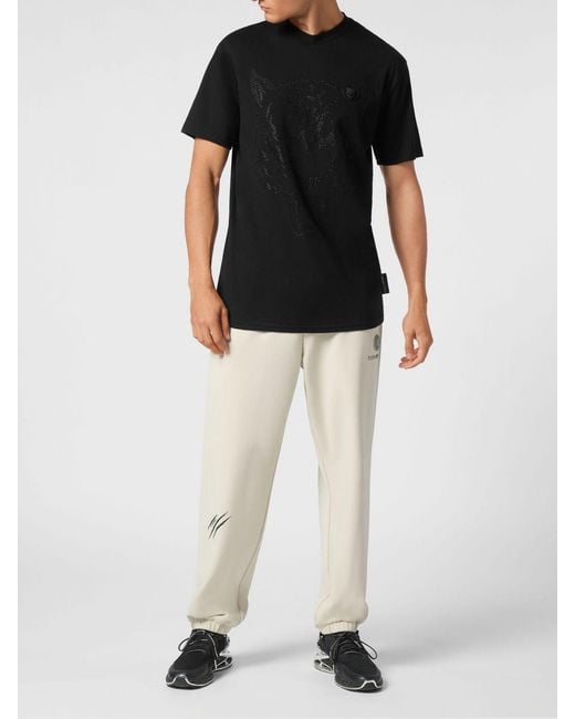 Philipp Plein Black Cotton T-Shirt With Rhinestones for men