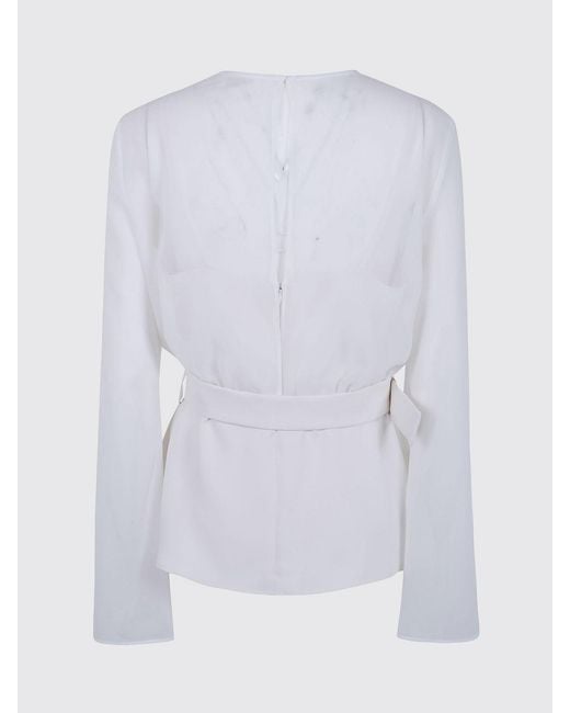 P.A.R.O.S.H. White P.A.R.O.S.H. Long-Sleeved Silk Blouse With Adjustable Waist Belt