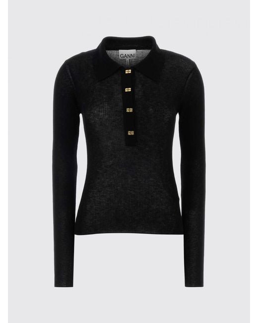 Ganni Black Long-Sleeved Slim Fit Wool Knit Polo With A Ribbed Collar