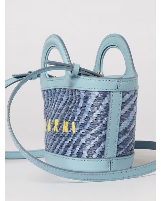 Marni Blue Tropicalia Mini Raffia And Leather Bag With Embroidered Logo