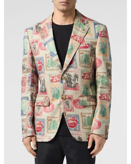 Billionaire Natural Single-Breasted Linen Blazer With Graphic Print And Lapel Collar for men