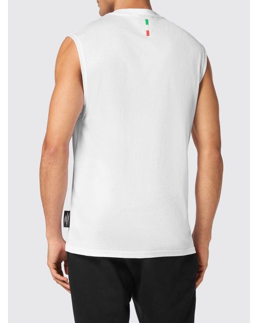 Philipp Plein White Printed Cotton Tank Top With Rhinestones for men