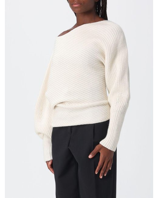 Alberta Ferretti White Draped Wool And Silk Jumper With Asymmetric Neckline