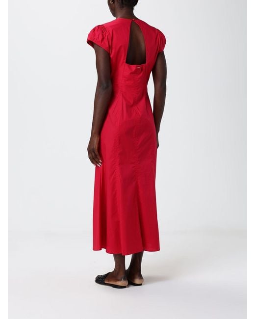 Twinset Red A-Line Stretch Cotton Midi Dress With V-Neck And Short Sleeves