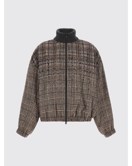 Brunello Cucinelli Brown Relaxed Fit Prince Of Wales Wool Bomber Jacket With Sequins