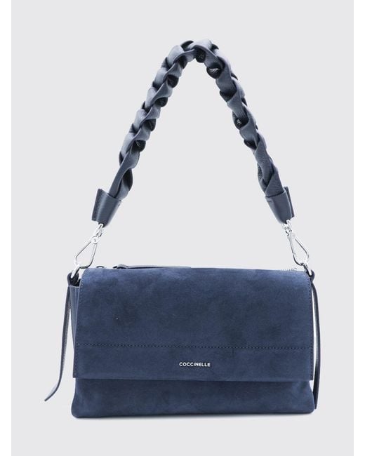 Coccinelle Blue Boheme Suede Shoulder Bag With Woven Handle