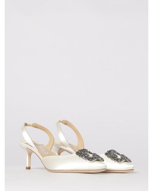 Manolo Blahnik Natural Hangisli Satin Slingback Pumps With Jewel Buckle