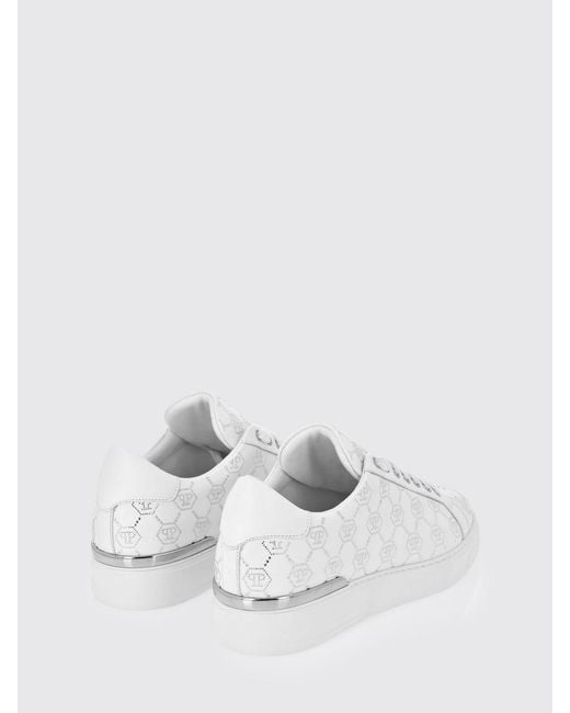 Philipp Plein White Leather Sneakers With Rhinestone Hexagon for men