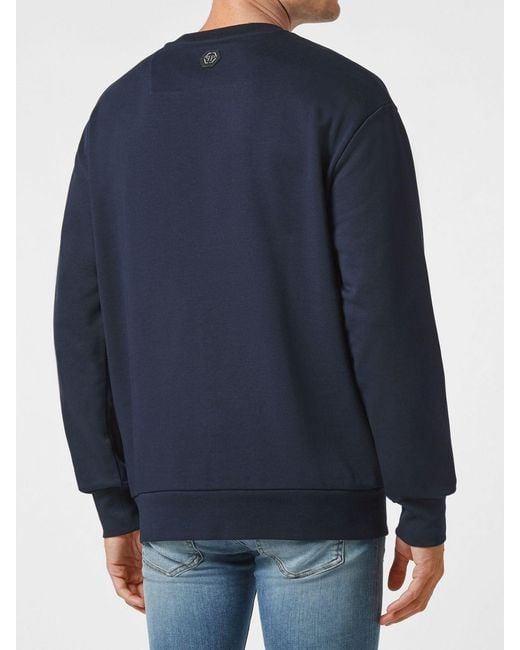 Philipp Plein Blue Cotton Crewneck Sweatshirt With Dropped Shoulders And Contrast Logo for men