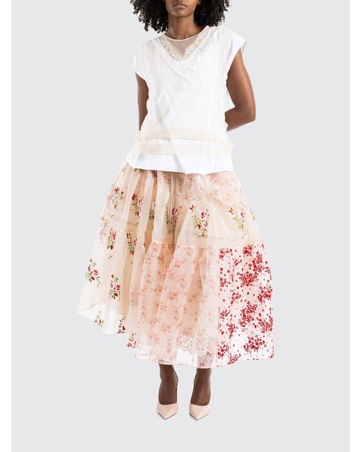 Simone Rocha Pink Floral Print Crêpe Midi Skirt With A Flared Shape And Drawstring
