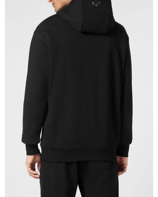 Philipp Plein Black Cotton Hoodie With Skull Print And Rhinestone Logo for men