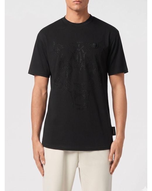Philipp Plein Black Cotton T-Shirt With Rhinestones for men