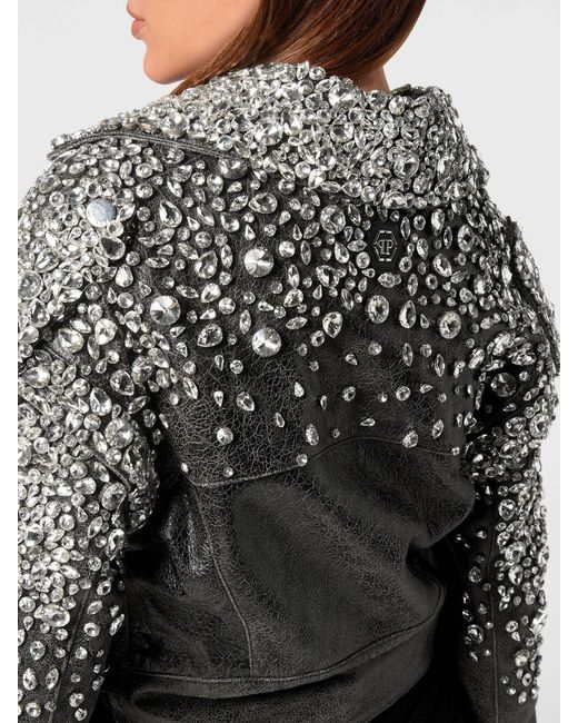 Philipp Plein Black Cropped Leather Biker Jacket With Crystals And Belt