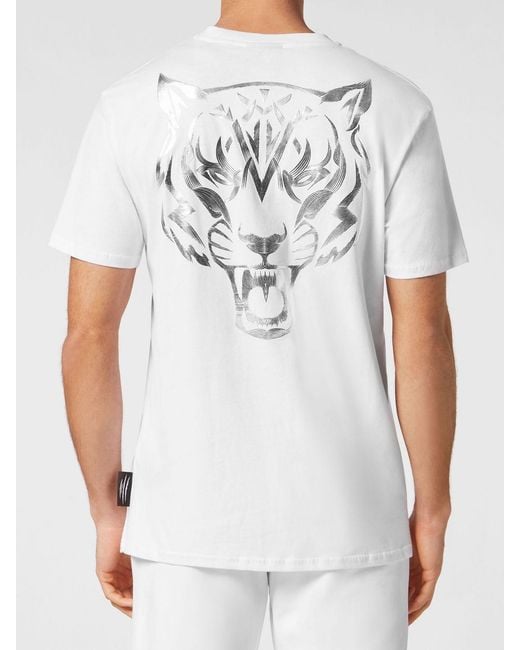 Philipp Plein White Slim Fit Cotton T-Shirt With Graphic Print And Laminated Logo for men