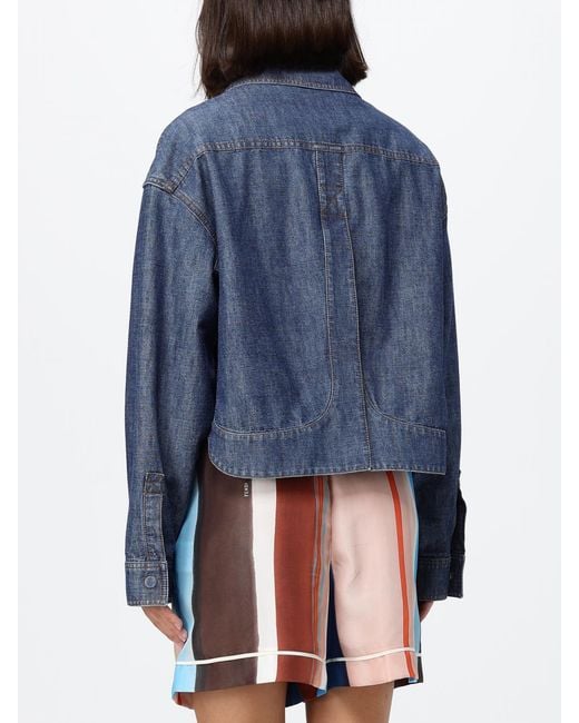 Fendi Blue Cropped Shirt-Style Cotton Denim Jacket With Embossed Logo