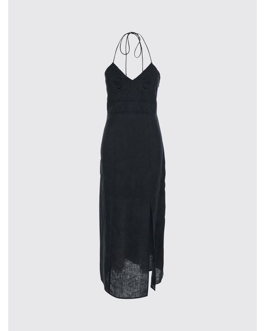 Twinset Black Linen And Broderie Anglaise Midi Dress With Halter Neck