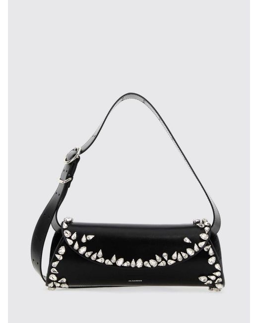 Jil Sander Black Cannolo Leather Bag With Rhinestone Embellishments